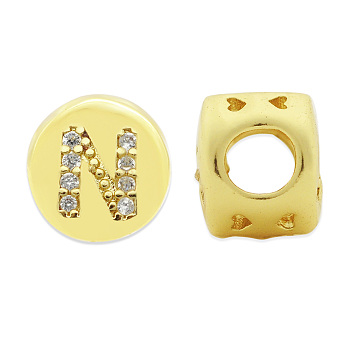 Brass Micro Pave Clear Cubic Zirconia Beads, Flat Round with Letter, Letter.N, 7.5x6.5mm, Hole: 3.5mm, 3pcs/bag
