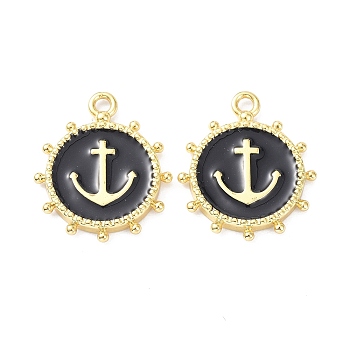 Eco-Friendly Stainless Steel Enamel Pendants, Real 18K Gold Plated, Long-Lasting Plated, Flat Round with Anchor, Black, 20x16.5x2.2mm, Hole: 1.9mm