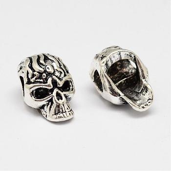 Skull Alloy European Beads, Large Hole Beads, Antique Silver, 13x8.5x8.5mm, Hole: 3.8mm
