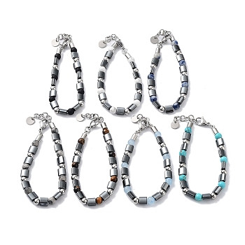 Synthetic Non-magnetic Hematite Rectangle Bracelets, Mixed Gemstone Round Beaded Bracelets with 201 Stainless Steel Lobster Claw Clasps, 9 inch(22.7cm)