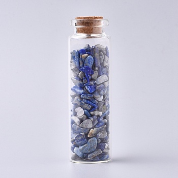 Glass Wishing Bottle, For Pendant Decoration, with Lapis Lazuli Chip Beads Inside and Cork Stopper, 22x71mm