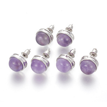 Natural Amethyst Stud Earrings, with Brass Findings, Half Round, Platinum, 12mm, Pin: 0.8mm