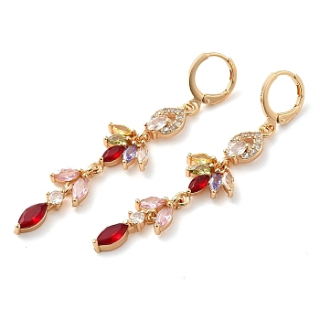 Rack Plating Golden Brass Dangle Leverback Earrings, with Cubic Zirconia, Leaf, Colorful, 62x13mm