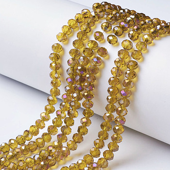 Electroplate Transparent Glass Beads Strands, Half Rainbow Plated, Faceted, Rondelle, Goldenrod, 6x5mm, Hole: 1mm, about 85~88pcs/strand, 16.1~16.5 inch(41~42cm)