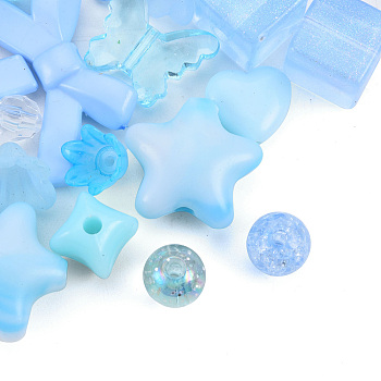 Opaque & Transparent Acrylic Beads, Mixed Shapes, Light Sky Blue, 7.5~33x7.5~43.5x4.5~16mm, Hole: 1.2~4mm, about 470pcs/500g