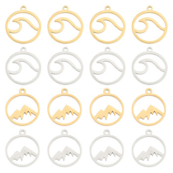 40Pcs 4 Style Stainless Steel Pendants, Round Ring with Wave & Mountain, Golden & Stainless Steel Color, 17x14.5~15x1mm, 10pcs/style