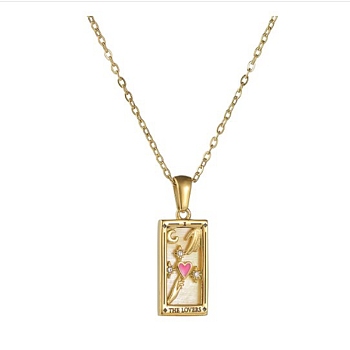 Rhinestone Tarot Card Pendant Necklace with Enamel, Golden Stainless Steel Jewelry for Women, The Lovers VI, 19.69 inch(50cm)
