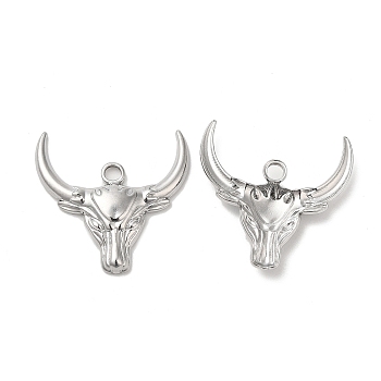 304 Stainless Steel Pendants, Cattle Head Charm, Stainless Steel Color, 24x25x3mm, Hole: 3mm