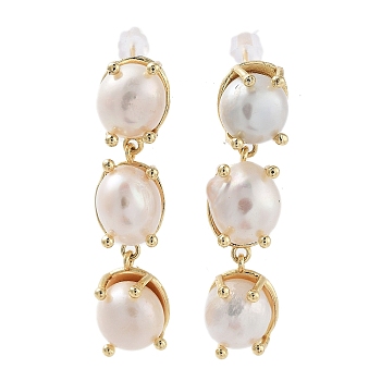 Natural Pearl Dangle Stud Earrings, with Brass Findings and 925 Sterling Silver Pins, Oval, Real 14K Gold Plated, 53x11mm