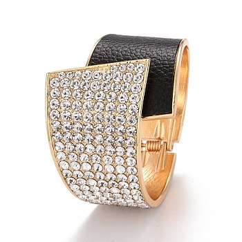 Crystal Rhinestone Chunky Wrap Wide Cuff Bangle, Hinged Open Bangle with PU Leather for Women, Light Gold, Black, Inner Diameter: 2-1/8x2-1/4 inch(5.3x5.6cm)