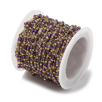 Ion Plating(IP) Real 18K Gold Plated 316 Stainless Steel Paperclip Chains, with Faceted Round Natural Amethyst Beaded, with Spool, Soldered, 3mm