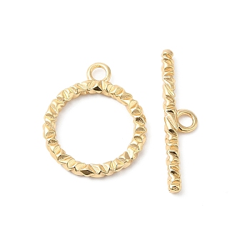 Brass Toggle Clasps, Textured Ring, Real 18K Gold Plated, Ring: 25.5x21.5x2.5mm, Hole: 3mm, Bar: 32x7x2.5mm, Hole: 3mm