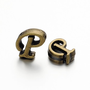 Tibetan Style Antique Bronze Plated Alloy Letter Slide Charms, Nickel Free, Letter.P, 10~12x8~13x4mm, Hole: 2x8mm