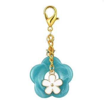 Acrylic Flower Pendants Decorations, Alloy Enamel and Alloy Lobster Claw Clasps Charms, Dark Turquoise, 356mm