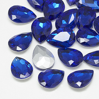 Pointed Back Glass Rhinestone Cabochons, Back Plated, Faceted, teardrop, Sapphire, 14x10x4.5mm