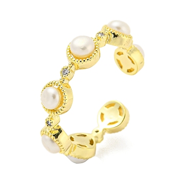 Natural Pearl Open Cuff Ring with Cubic Zirconia, Brass Finger Ring, Real 14K Gold Plated, US Size 7 3/4(17.9mm)