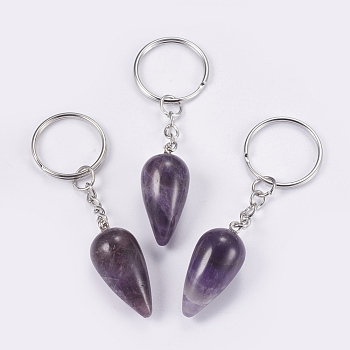 Natural Amethyst Keychain, with Iron Key Rings, Platinum, teardrop, 80.5mm, Pendant: 33.5x15.5mm