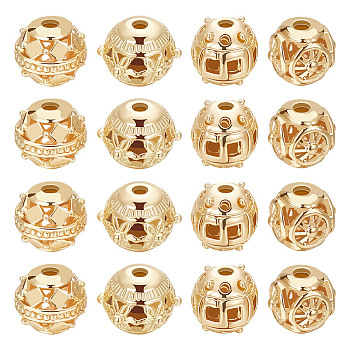 32Pcs 4 Style Alloy Hollow Beads, Round, Cadmium Free & Lead Free, Real 18K Gold Plated, 8~9.5x7~8mm, Hole: 1.5~2mm, 8pcs/style