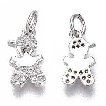 Brass Micro Pave Cubic Zirconia Charms, with Jump Ring, Nickel Free, Boy, Clear, Real Platinum Plated, 13x7x2.5mm, Hole: 3mm