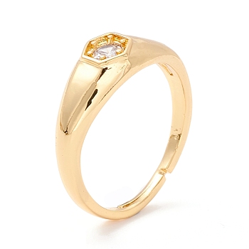 Hexagon Cubic Zirconia Adjustbale Ring, Real 18K Gold Plated Brass Finger Ring for Women, Clear, US Size 6 1/2(16.9mm)