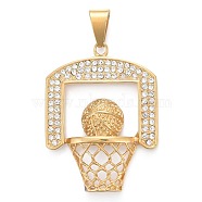 304 Stainless Steel Big Pendants, with Crystal Rhinestone, Basketball Stand, Golden, 52x39.5x8mm, Hole: 6.5x12mm(STAS-K214-30G)