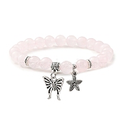 Natural Rose Quartz Round Beaded Stretch Bracelets, with Tibetan Style Alloy Butterfly Charms, Inner Diameter: 2 inch(5~5.1cm)(BJEW-JB09899-02)