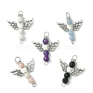 Mixed Stone Angel Connector Charms, with Antique Silver Tone Alloy Wings, 27.5x21.5x4.5mm, Hole: 1.8mm and 3mm(PALLOY-JF02242)