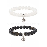 2Pcs 2 Style Natural Golden Sheen Obsidia & White Jade Stretch Bracelets Set with Alloy Yin Yang Charms, Gemstone Jewelry for Women, Antique Silver, Inner Diameter: 2-1/4 inch(5.8cm), 1Pc/style(BJEW-JB08446)