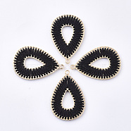 Polyester Thread Woven Pendants, with Golden Plated Alloy Findings, Long-Lasting Plated, Teardrop, Black, 42x28x2.5mm, Hole: 2mm(FIND-S319-07A)