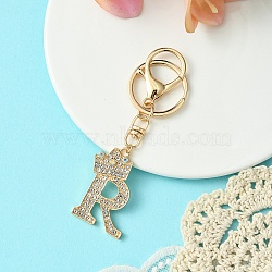 Golden Alloy Rhinestone Keychain, with Alloy Clasp and Iron Rings, Letter R, 10cm, Pendant: 42mm(KEYC-YW00105-18)