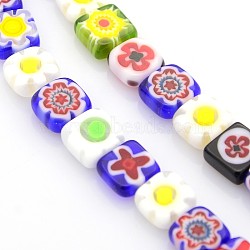 Handmade Millefiori Glass Bead Strands, Square, Mixed Color, 8x8x4mm, Hole: 1mm, about 51pcs/strand, 16 inch(LAMP-J039-8x8mm-M)