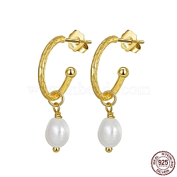 Natural Pearl Dangle Stud Earrings, 925 Sterling Silver Half Hoop Earrings, with S925 Stamp, Golden, 28mm(EJEW-P231-30G)