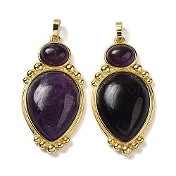 Natural Amethyst Pendants, Teardrop Charms with Rack Plating Golden Tone Brass Findings, Cadmium Free & Lead Free, 43.5x22x7.8mm, Hole: 3.2x5.3mm(G-C096-04G-06)