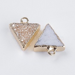 Natural Druzy Agate Charms, Rainbow Plated, with Golden Plated Brass Findings, Triangle, PeachPuff, 13~15x11.5~13x4mm, Hole: 1.5mm(G-L479-11B)