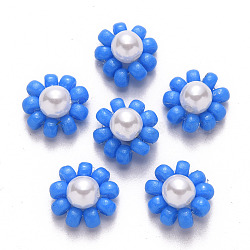 Glass Seed Beads Charms, with ABS Plastic Imitation Pearl and Golden Tone Brass Findings, Flower, Dodger Blue, 10x5mm(FIND-R086-05H)