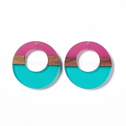 Transparent Resin & Walnut Wood Pendants, Ring Charms, Turquoise, 38x3.5mm, Hole: 2mm(RESI-M027-03E)