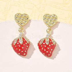 Brass Micro Pave Cubic Zirconia Dangle Stud Earrings for Women, Strawberry, with Enamel, Rack Plating, Long-Lasting Plated, Lead Free & Cadmium Free, Real 18K Gold Plated, 32.5x15mm(EJEW-A167-03A-G)