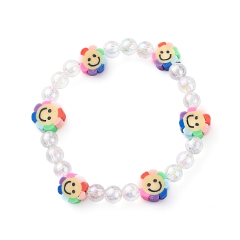 Handmade Polymer Clay Beads Stretch Bracelets for Kids, with Eco-Friendly Transparent Acrylic Beads, Flower, Colorful, Inner Diameter: 1-7/8 inch(4.8cm)