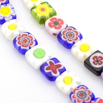 Handmade Millefiori Glass Bead Strands, Square, Mixed Color, 8x8x4mm, Hole: 1mm, about 51pcs/strand, 16 inch