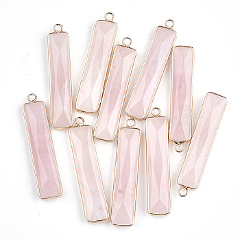 Natural Rose Quartz Pendants, with Brass Findings, Faceted, Rectangle, Golden, 46.5x10x5mm, Hole: 2mm