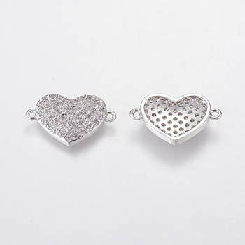 Brass Micro Pave Cubic Zirconia Links, Clear, Heart, Nickel Free & Lead Free & Cadmium Free, Platinum, 12x19x3mm, Hole: 1mm