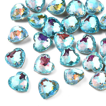 Glass Rhinestone Cabochons, Nail Art Decoration Accessories, Faceted, Heart, Sky Blue, 9.5x10x6mm