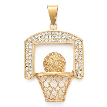 304 Stainless Steel Big Pendants, with Crystal Rhinestone, Basketball Stand, Golden, 52x39.5x8mm, Hole: 6.5x12mm