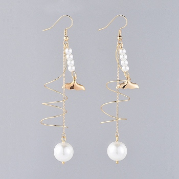 Dangle Earrings, with White Glass Pearl Beads, Brass Cable Chains & Earring Hooks Findings & Fishtail Shape Charms, Cardboard Boxes, Golden, 88mm, Pin: 0.7mm
