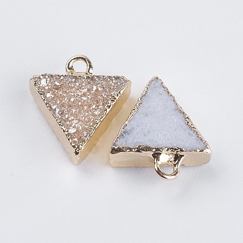 Natural Druzy Agate Charms, Rainbow Plated, with Golden Plated Brass Findings, Triangle, PeachPuff, 13~15x11.5~13x4mm, Hole: 1.5mm