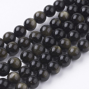 Natural Golden Sheen Obsidian Beads Strands, Round, 8mm, Hole: 1mm, about 48pcs/strand, 15.5 inch