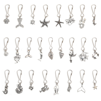 SUPERFINDINGS Ocean Theme Tibetan Style Alloy Pendant Decoration, with Iron Keychain Clasp, Sea Animal/Mermaid/Shell/Starfish Shape, Antique Silver, 47~65mm, 25 Style, 1pc/style, 25pcs/set, 2 sets/box