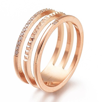 304 Stainless Steel Finger Rings, with Clear Cubic Zirconia, Wide Band Rings, Rose Gold, US Size 7, Inner Diameter: 17mm
