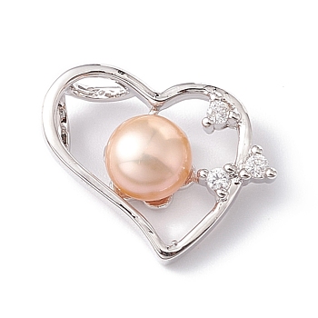 Natural Cultured Freshwater Pearl Pendants, with Brass Micro Pave Cubic Zirconia Findings, Platinum, Heart, Clear, 16.5x21x7mm, Hole: 3.5x2.5mm