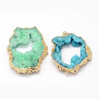 Electroplated Natural & Dyed Druzy Agate Links connectors, with Golden Plated Brass Findings, Nuggets, Mixed Color, 45~61x30~46x7~10mm, Hole: 2mm